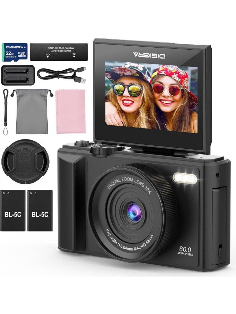 High-Resolution 5K Digital Camera with 18X Zoom, Flip Screen & Anti-Shake for